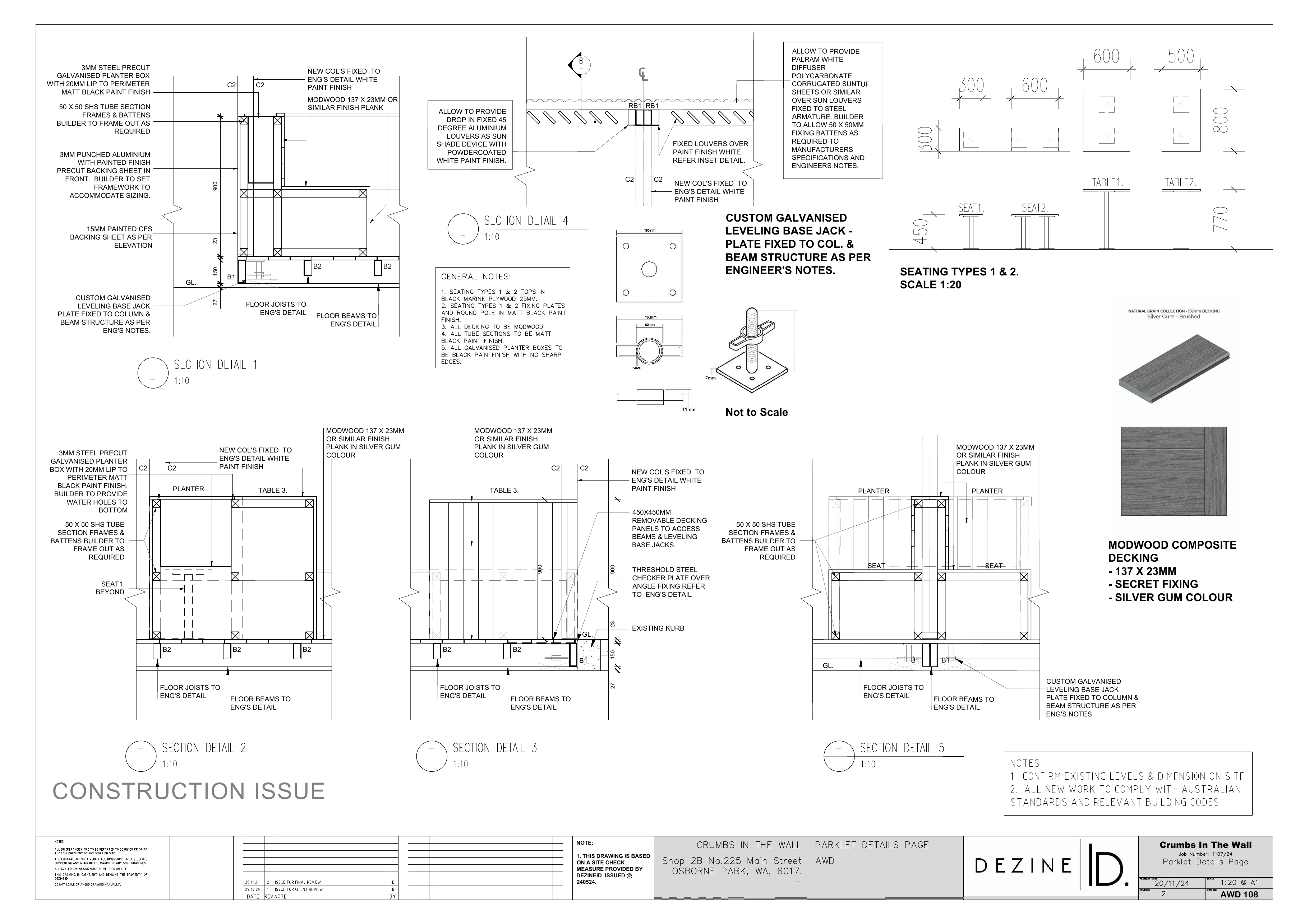 Crumbs parklet seating and planter details