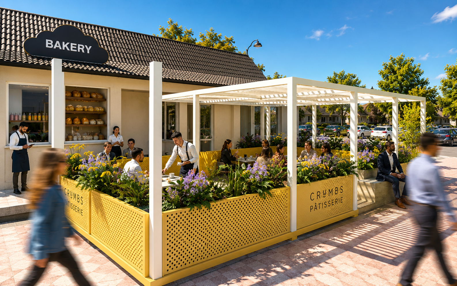 Crumbs parklet corner view and bakery connection