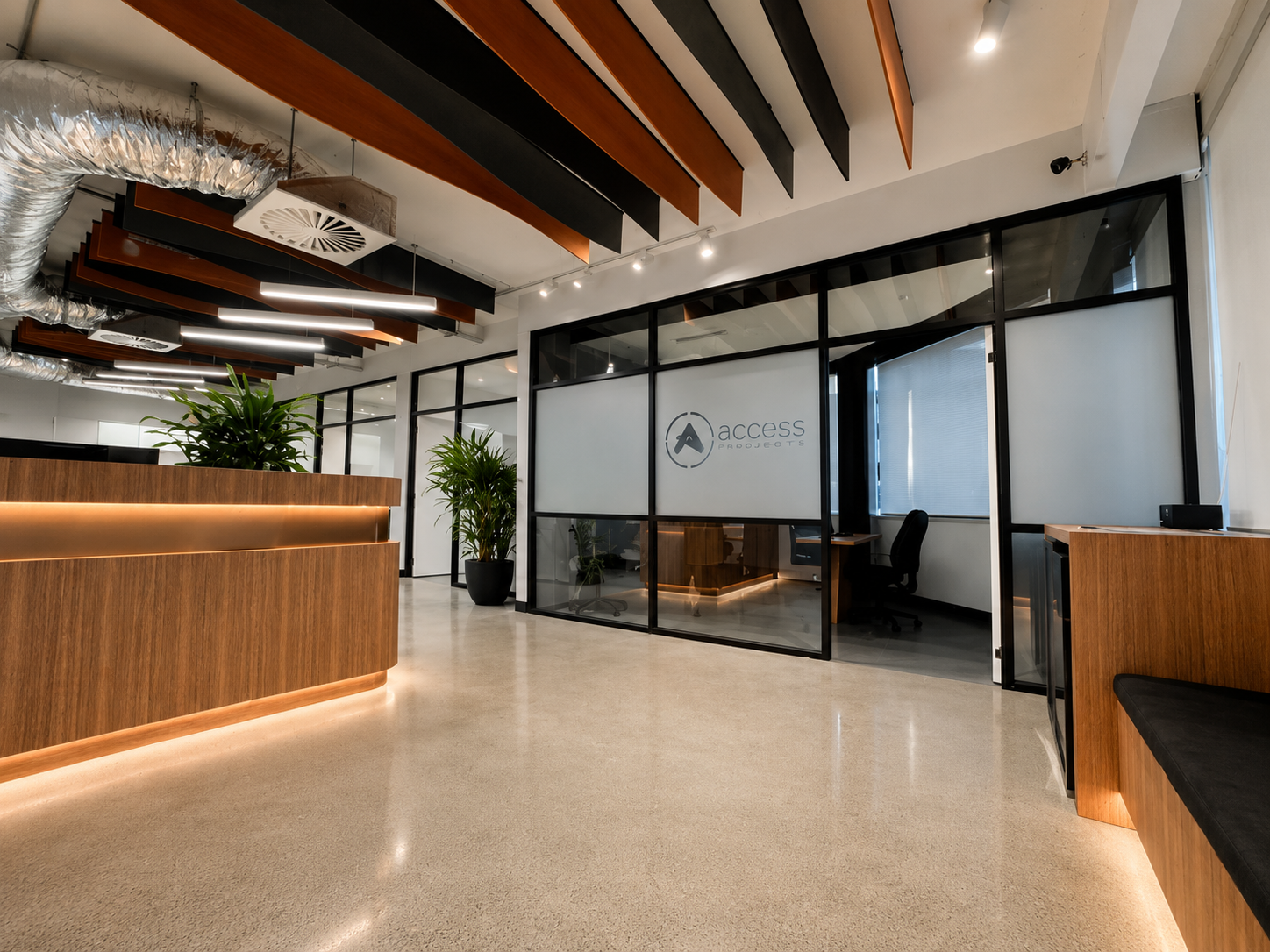Completed workplace custom cabinetry and reception