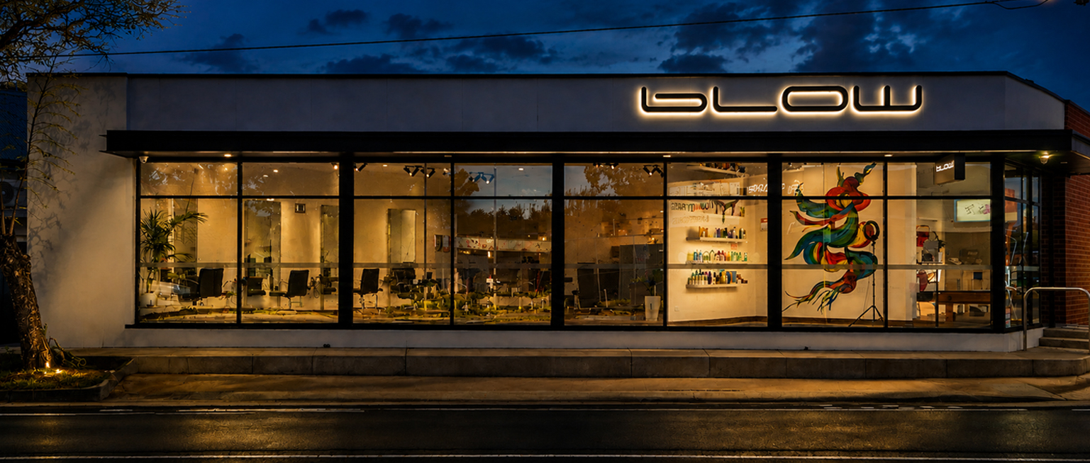 BLOW salon exterior illuminated at blue hour
