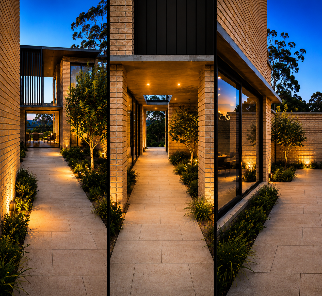 Warmly illuminated brick courtyard and covered walkways