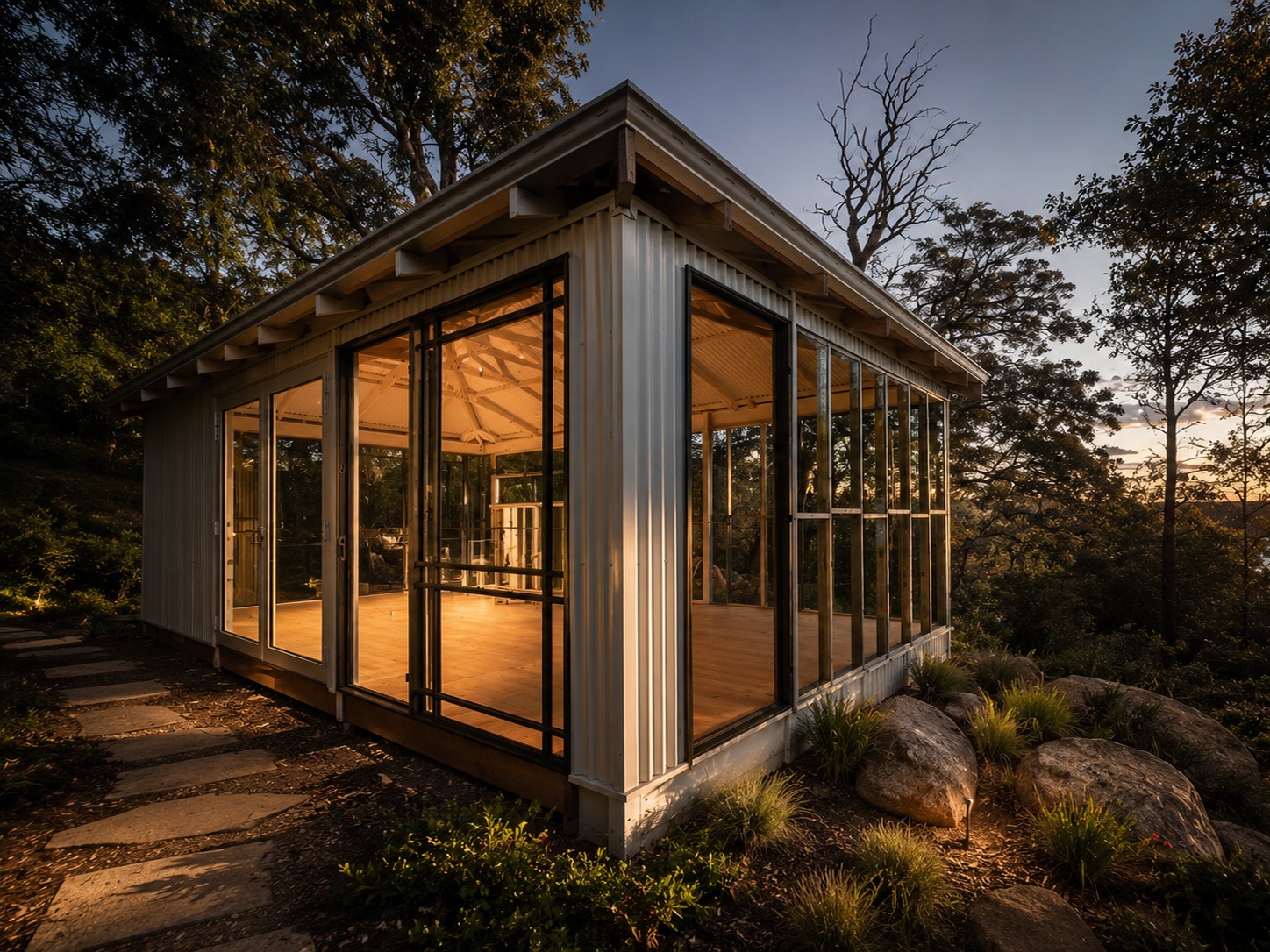 Small contemporary pavilion within a wooded landscape