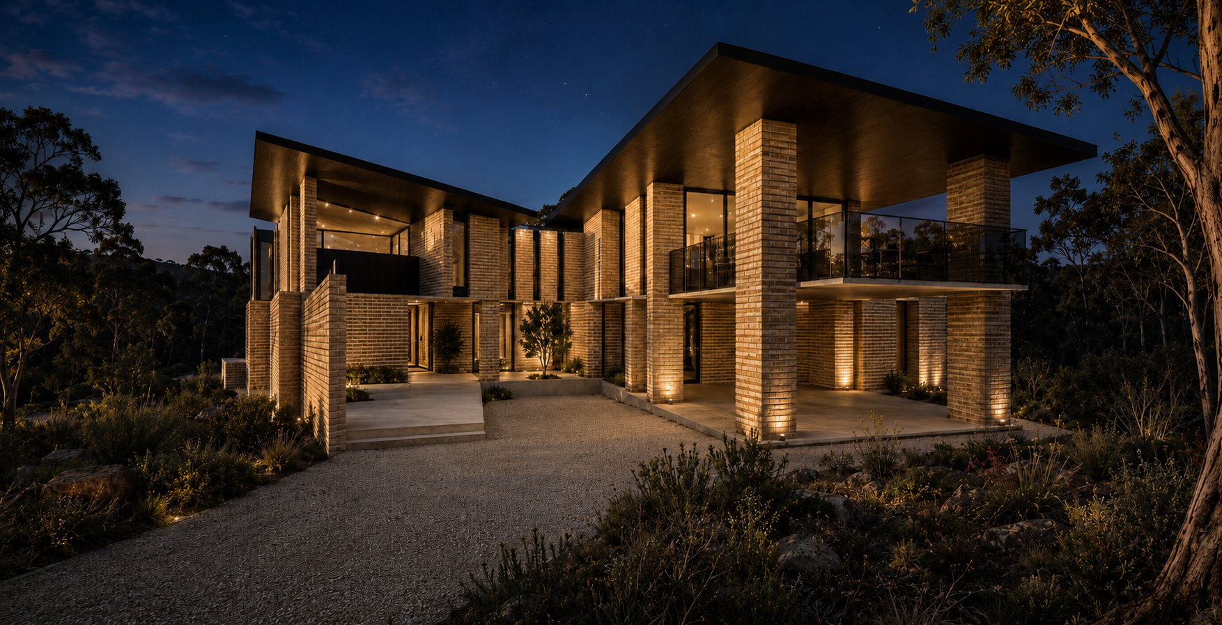 Contemporary brick residence illuminated at night